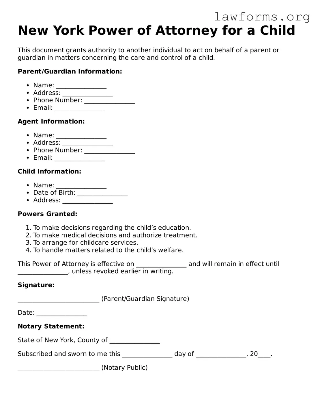Attorney-Approved Power of Attorney for a Child Template for the State of New York