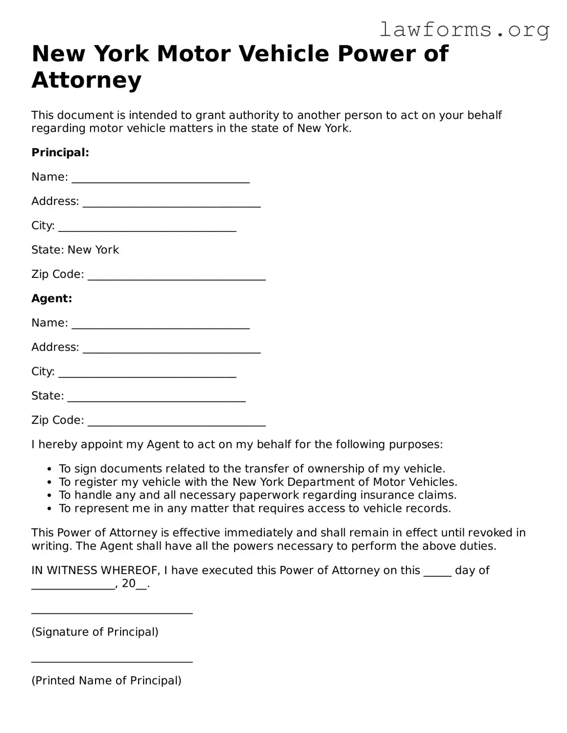 Attorney-Approved Motor Vehicle Power of Attorney Template for the State of New York