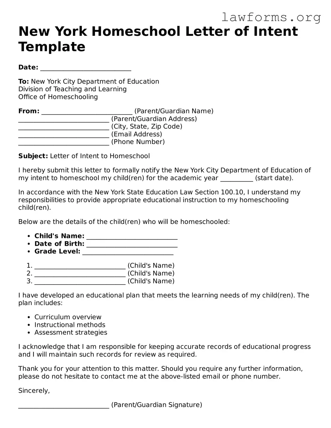 Attorney-Approved Homeschool Letter of Intent Template for the State of New York