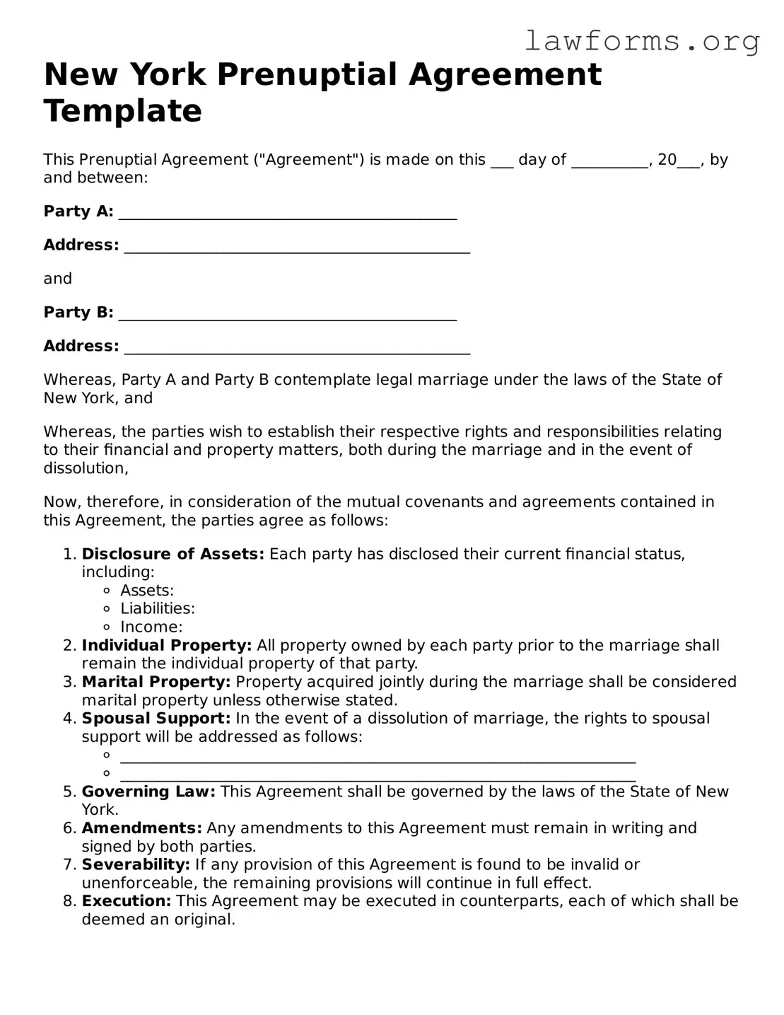 Attorney-Approved Prenuptial Agreement Template for the State of New York