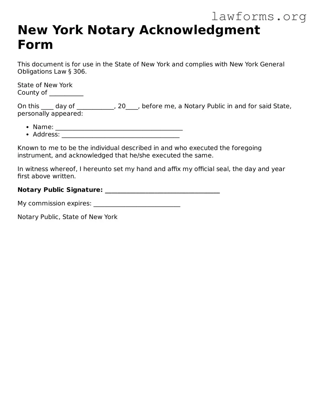 Attorney-Approved Notary Acknowledgement Template for the State of New York