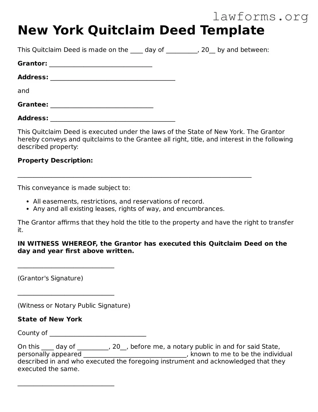 Attorney-Approved Quitclaim Deed Template for the State of New York