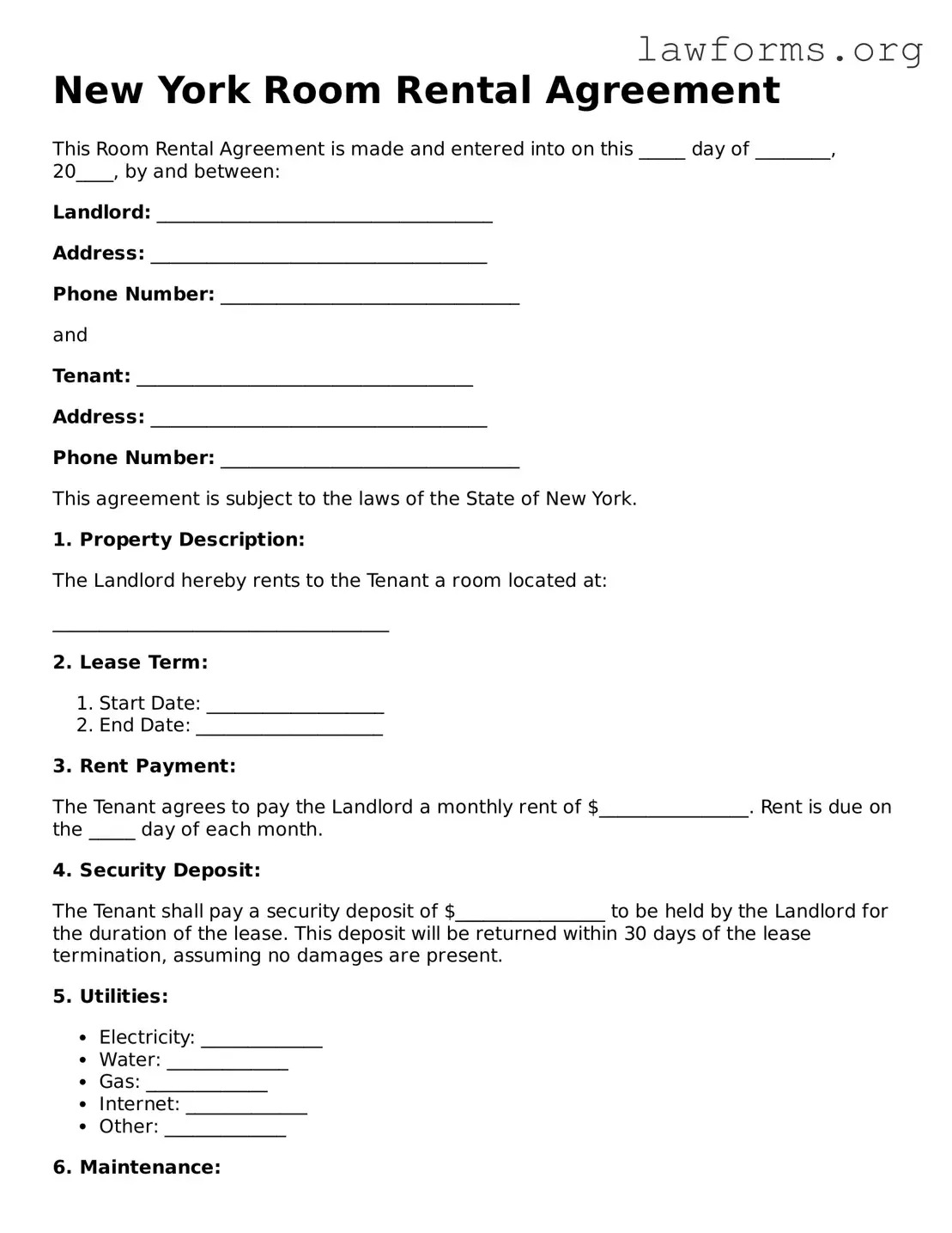 Attorney-Approved Room Rental Agreement Template for the State of New York