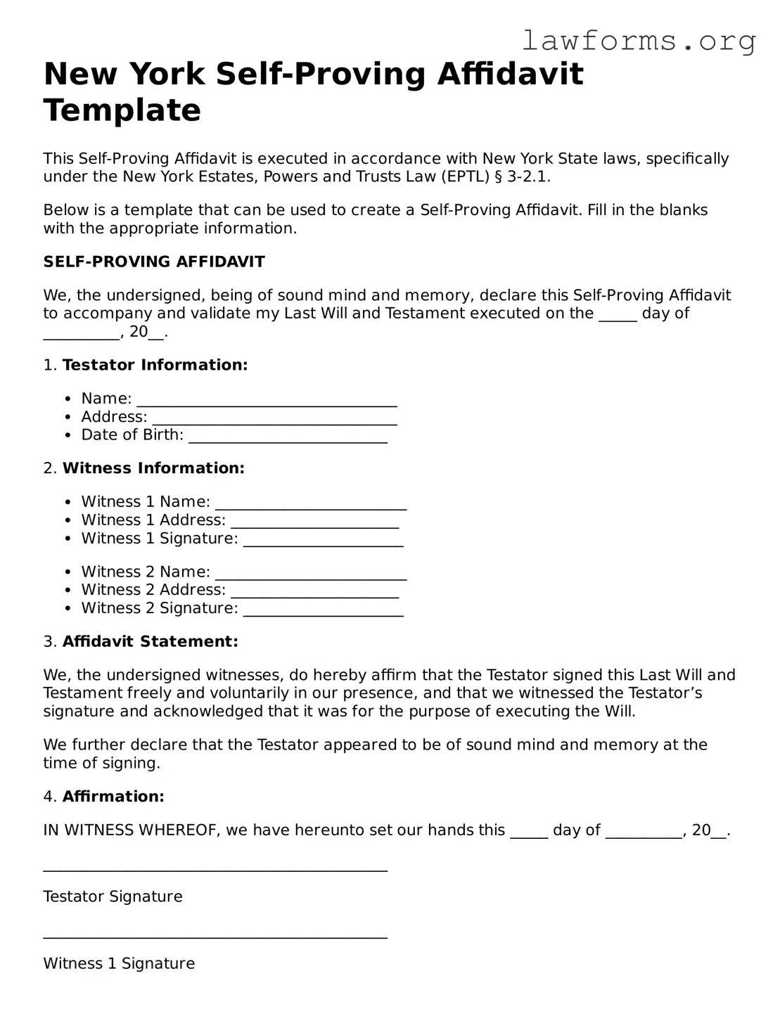 Attorney-Approved Self-Proving Affidavit Template for the State of New York