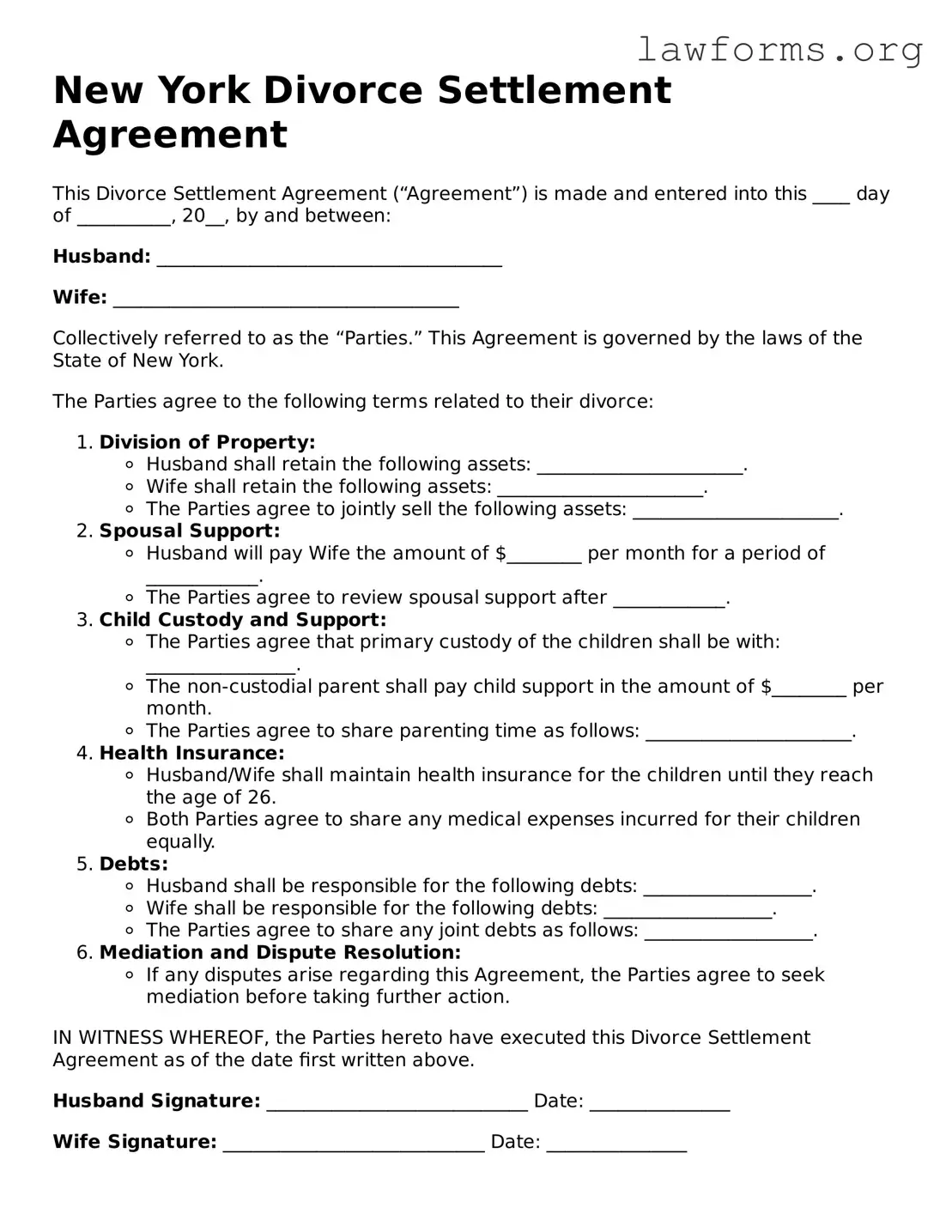Attorney-Approved Divorce Settlement Agreement Template for the State of New York
