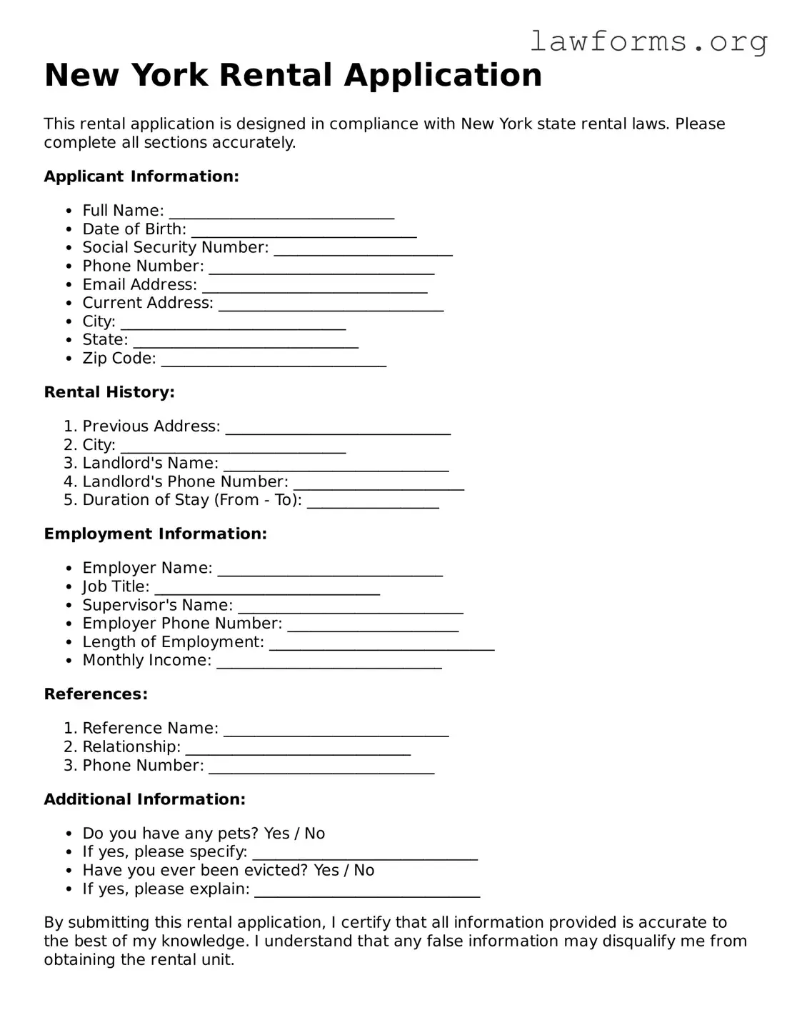 Attorney-Approved Rental Application Template for the State of New York