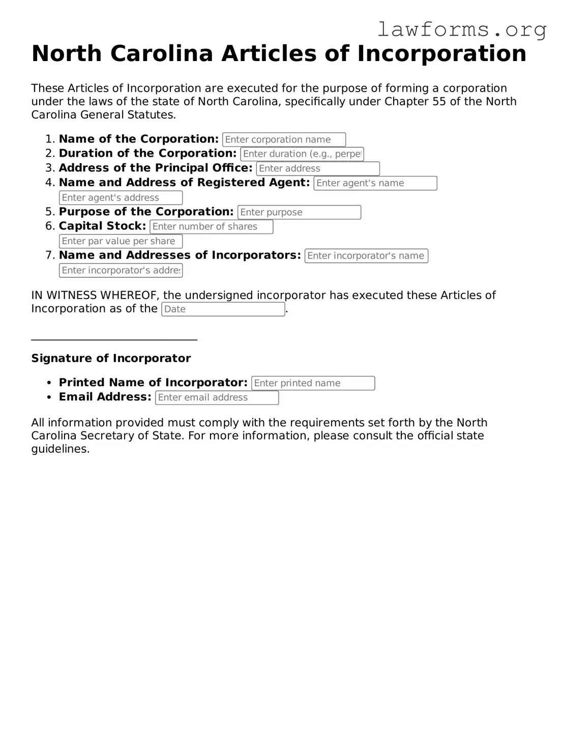 Attorney-Approved Articles of Incorporation Template for the State of North Carolina