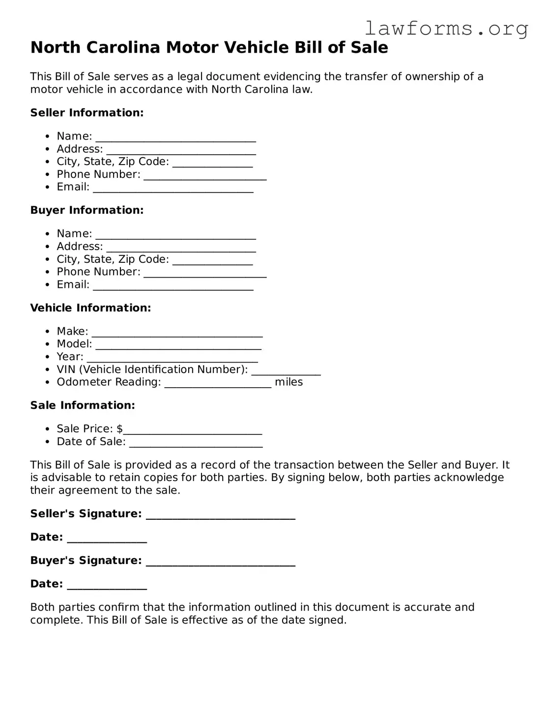Attorney-Approved Motor Vehicle Bill of Sale Template for the State of North Carolina