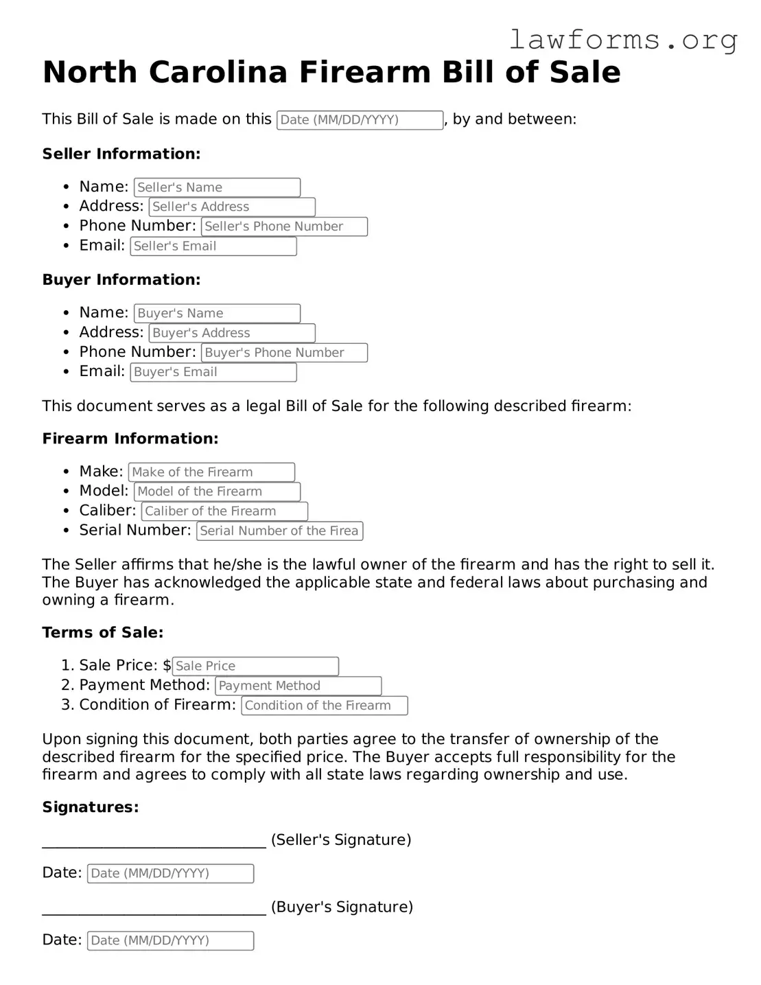Attorney-Approved Firearm Bill of Sale Template for the State of North Carolina