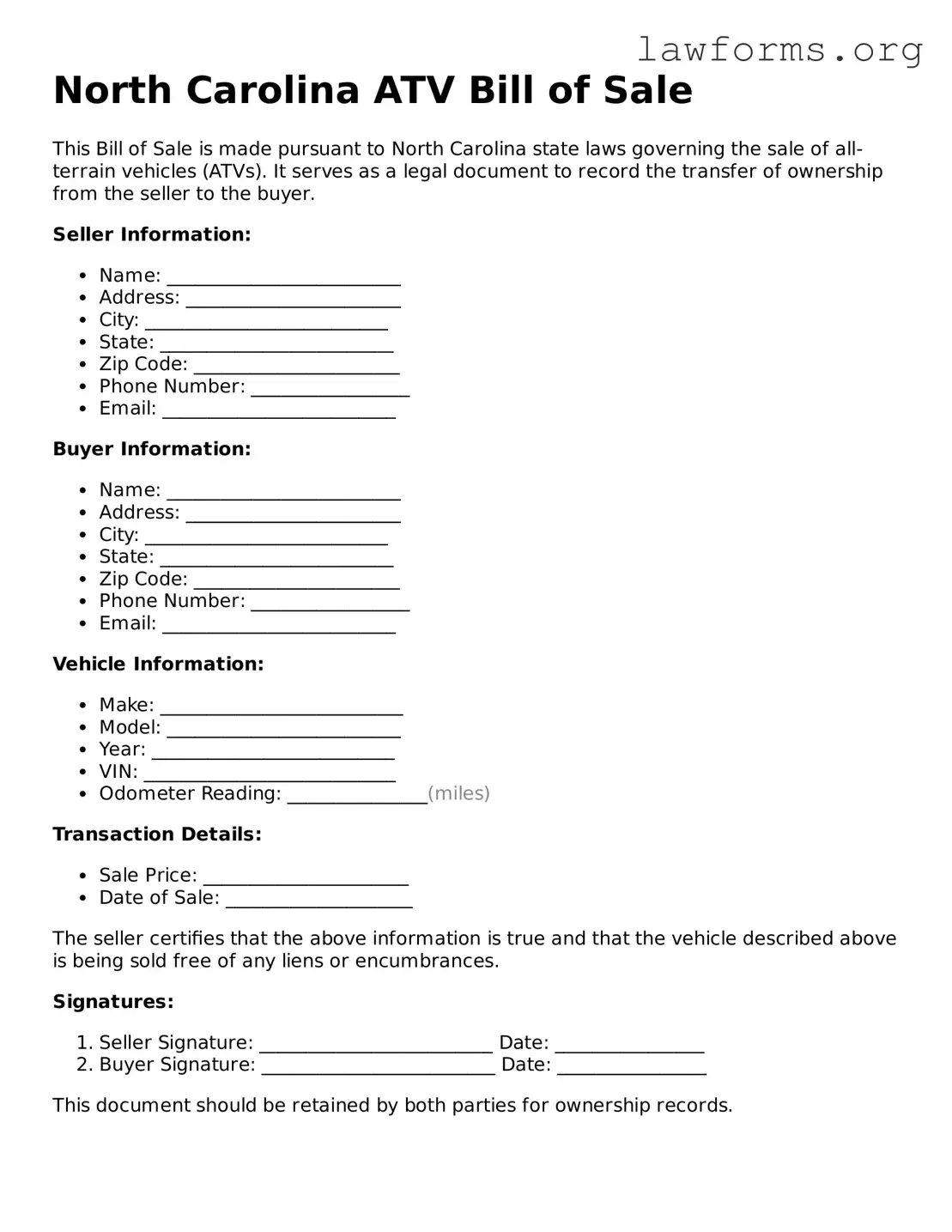 Attorney-Approved ATV Bill of Sale Template for the State of North Carolina