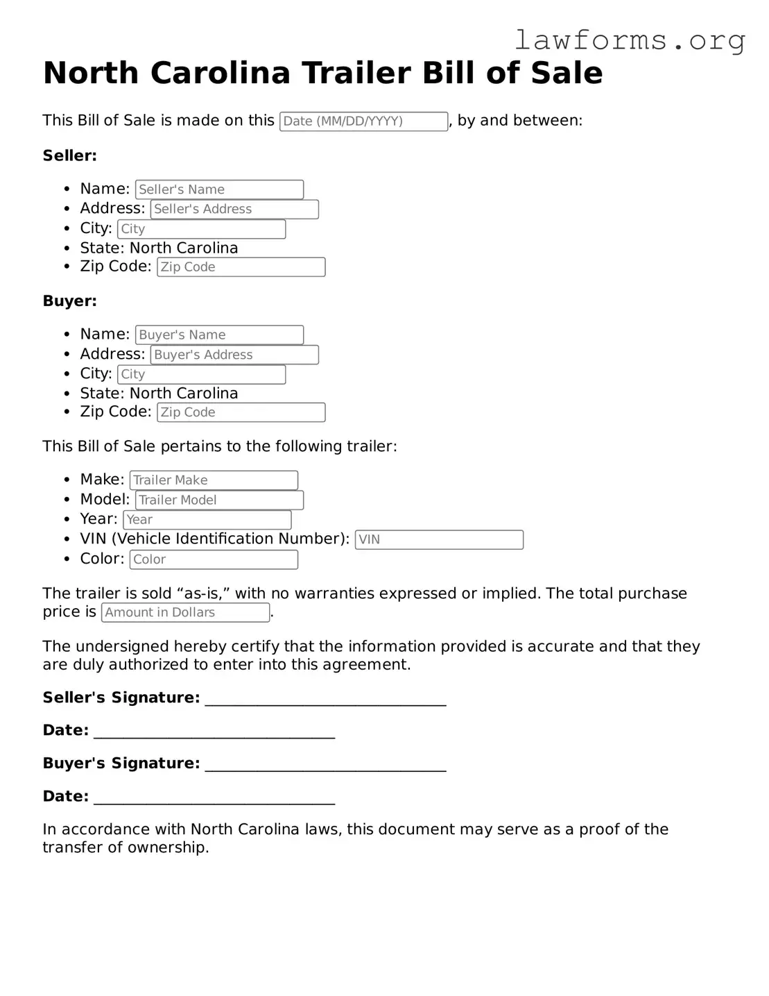 Attorney-Approved Trailer Bill of Sale Template for the State of North Carolina