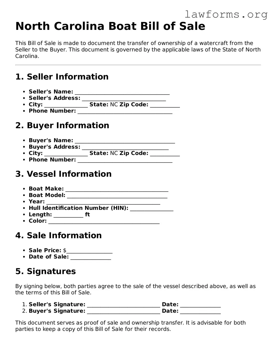 Attorney-Approved Boat Bill of Sale Template for the State of North Carolina