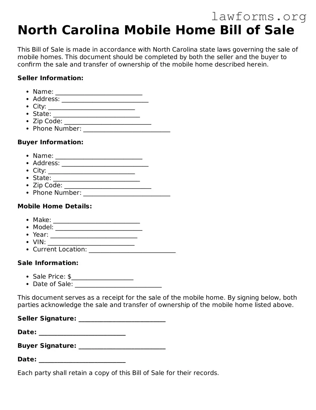 Attorney-Approved Mobile Home Bill of Sale Template for the State of North Carolina