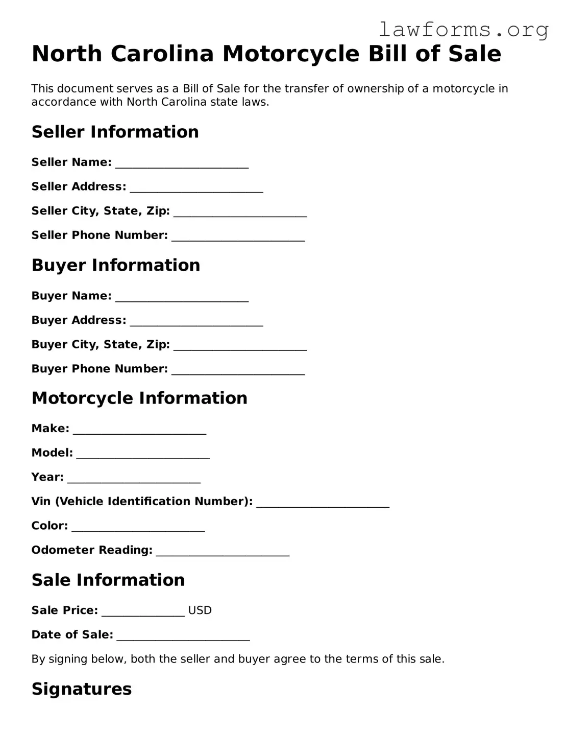 Attorney-Approved Motorcycle Bill of Sale Template for the State of North Carolina