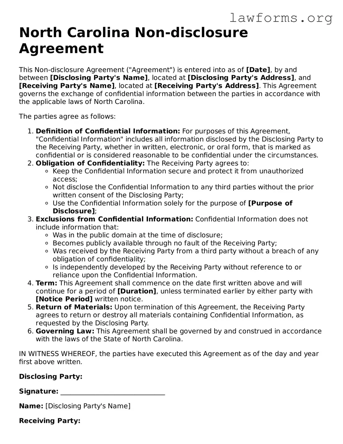 Attorney-Approved Non-disclosure Agreement Template for the State of North Carolina