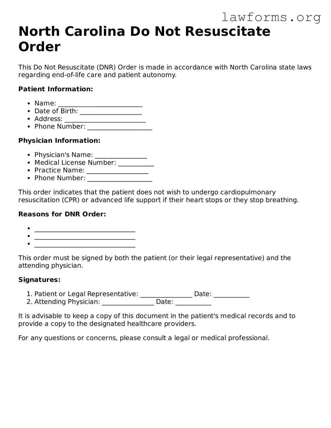 Attorney-Approved Do Not Resuscitate Order Template for the State of North Carolina