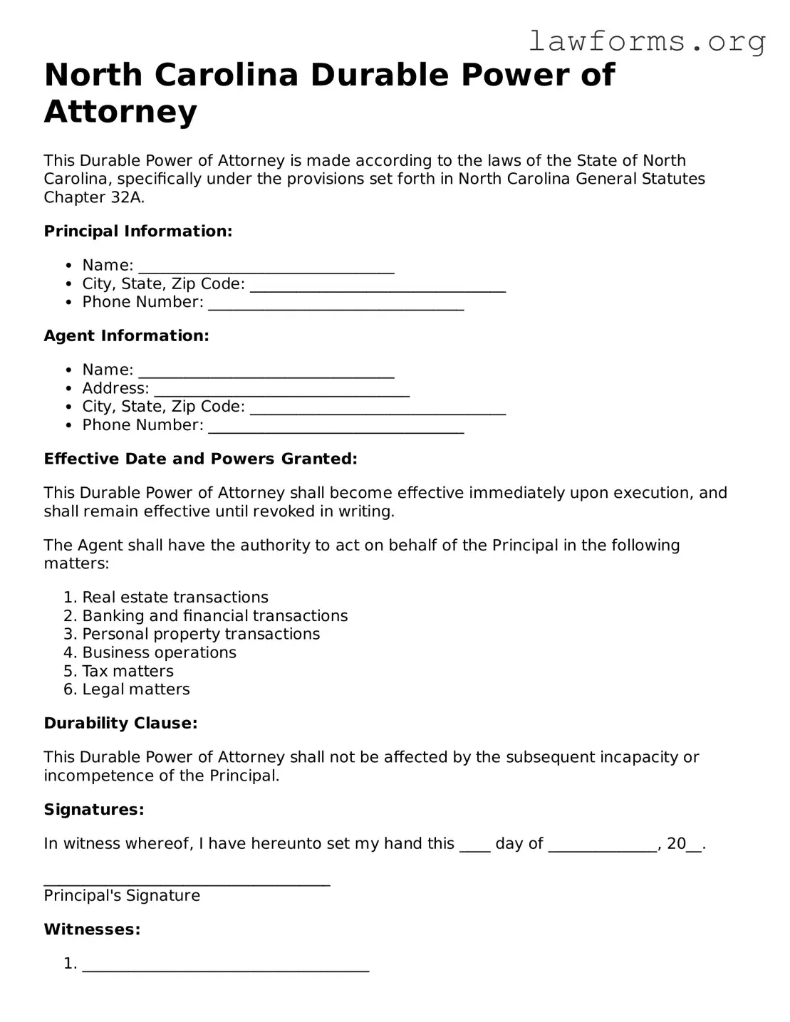Attorney-Approved Durable Power of Attorney Template for the State of North Carolina