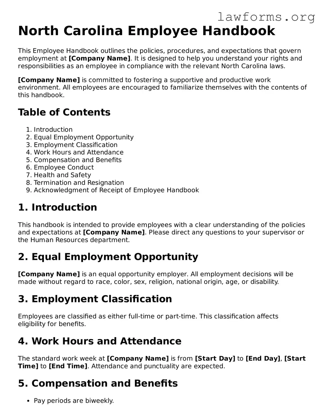 Attorney-Approved Employee Handbook Template for the State of North Carolina