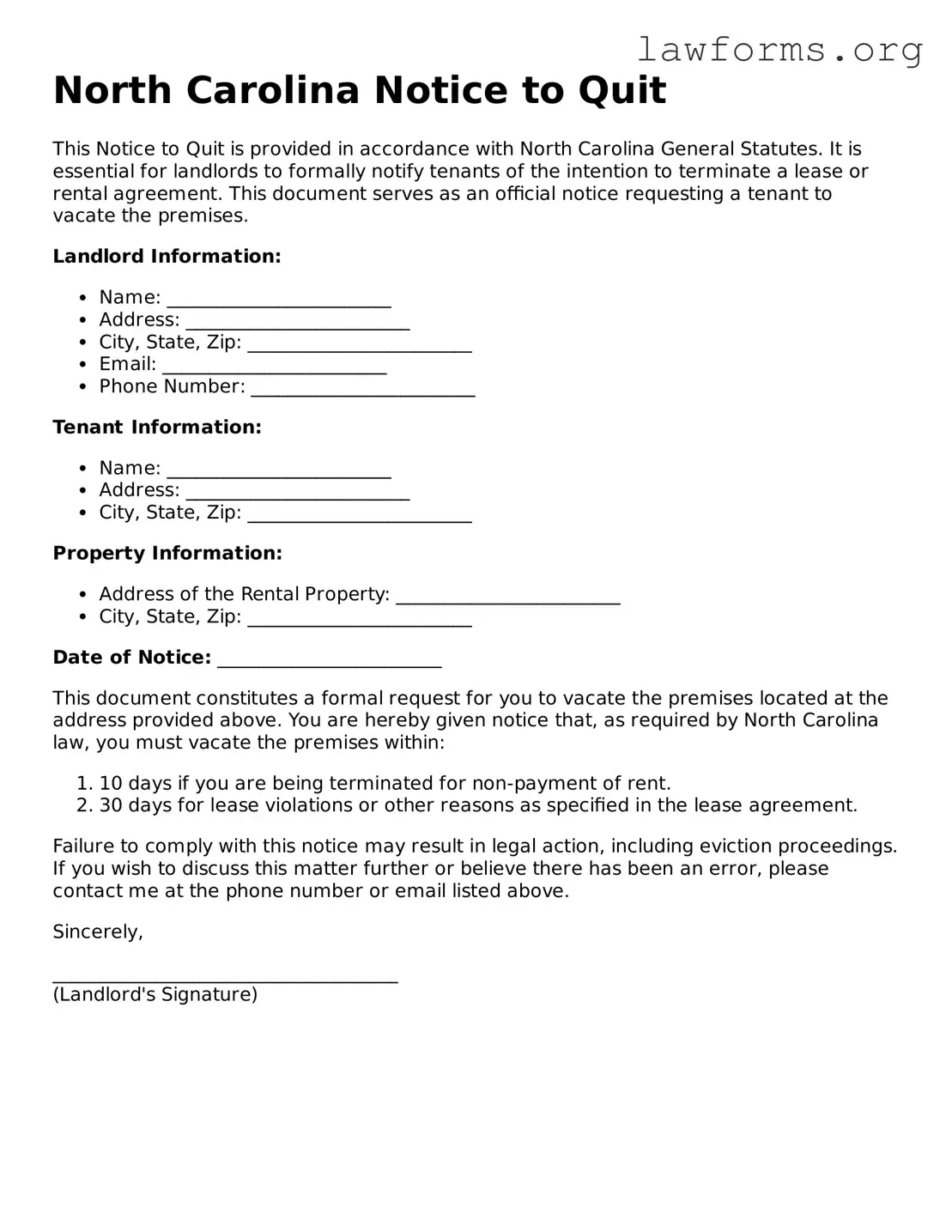 Attorney-Approved Notice to Quit Template for the State of North Carolina