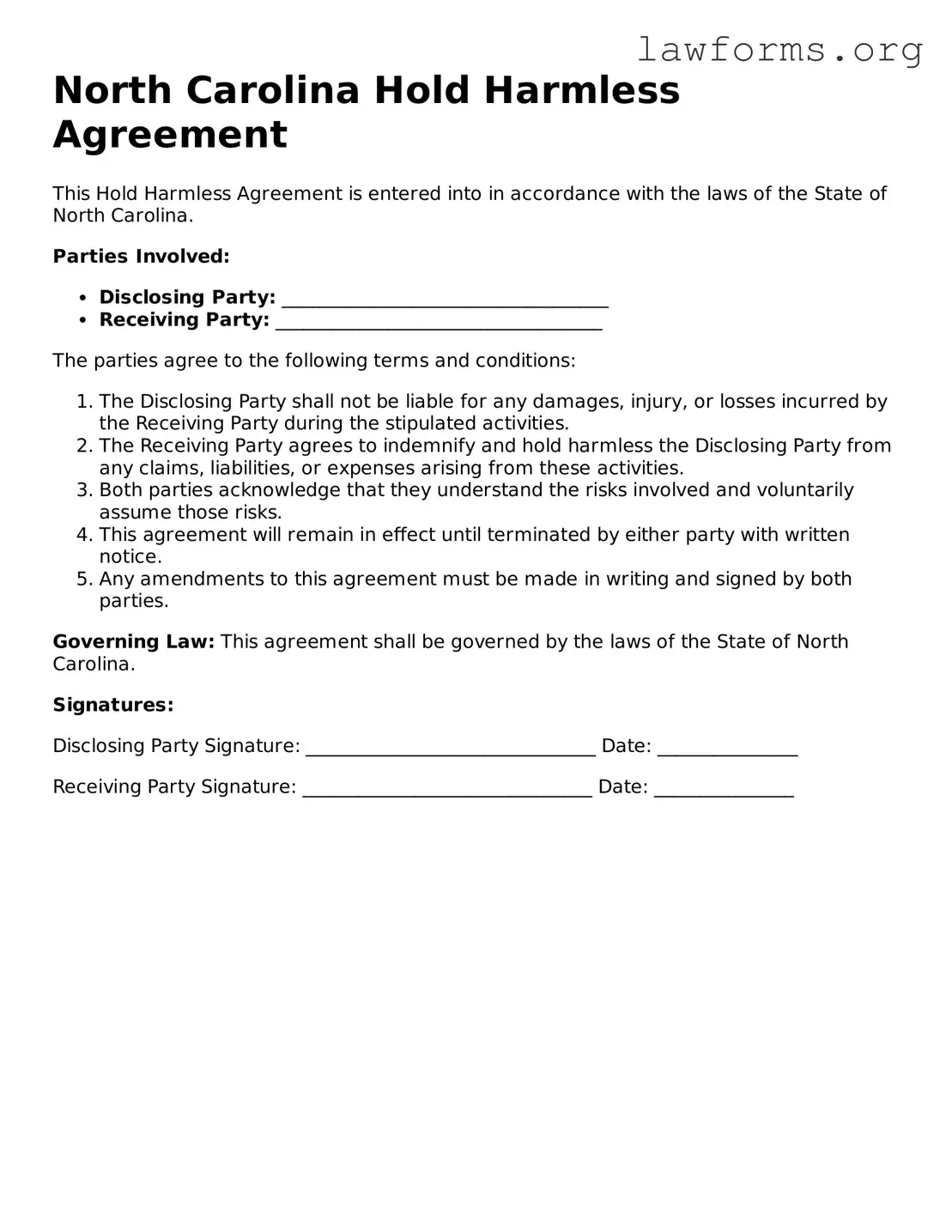 Attorney-Approved Hold Harmless Agreement Template for the State of North Carolina