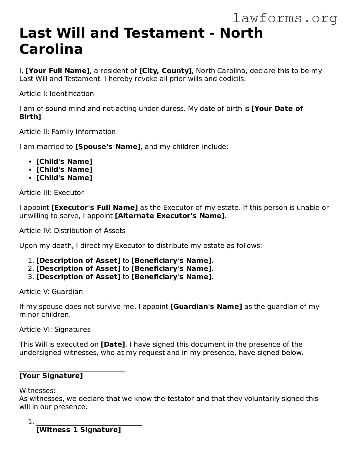 Attorney-Approved Last Will and Testament Template for the State of North Carolina