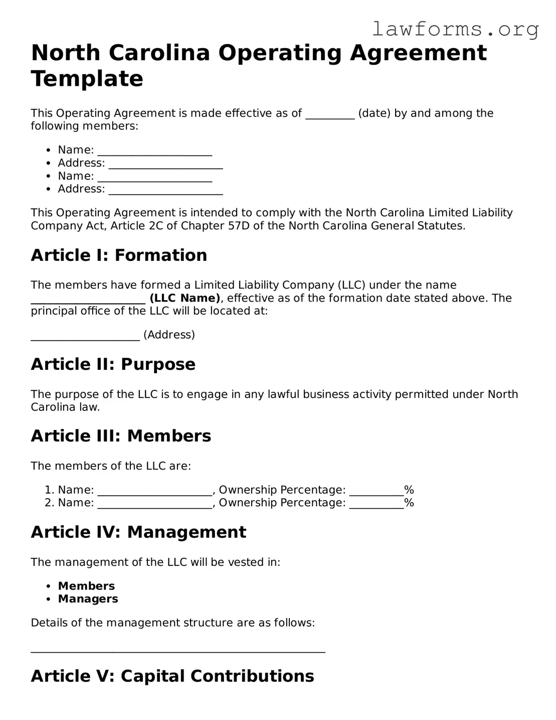 Attorney-Approved Operating Agreement Template for the State of North Carolina