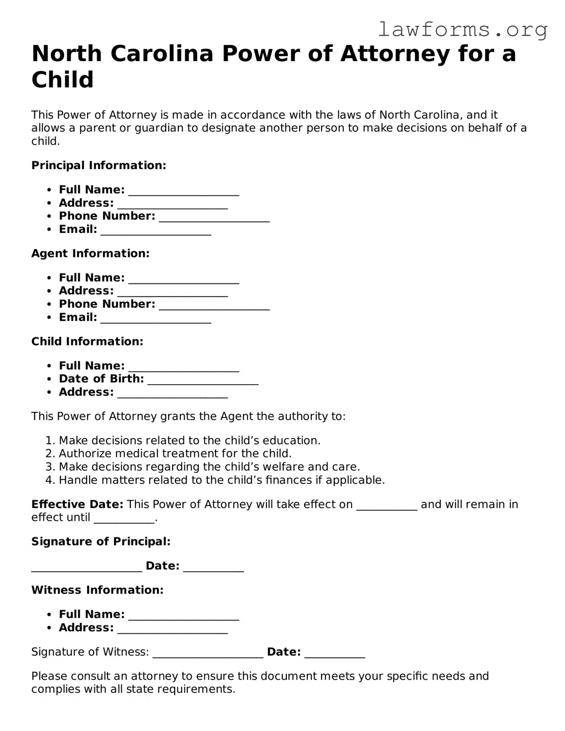 Attorney-Approved Power of Attorney for a Child Template for the State of North Carolina