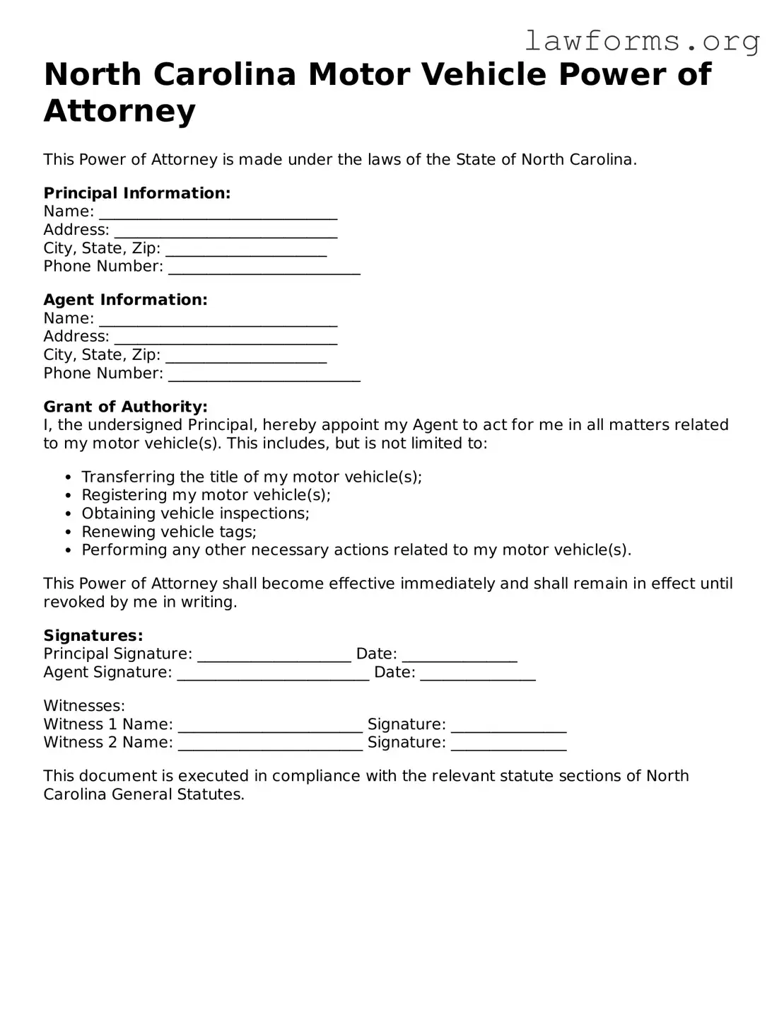 Attorney-Approved Motor Vehicle Power of Attorney Template for the State of North Carolina