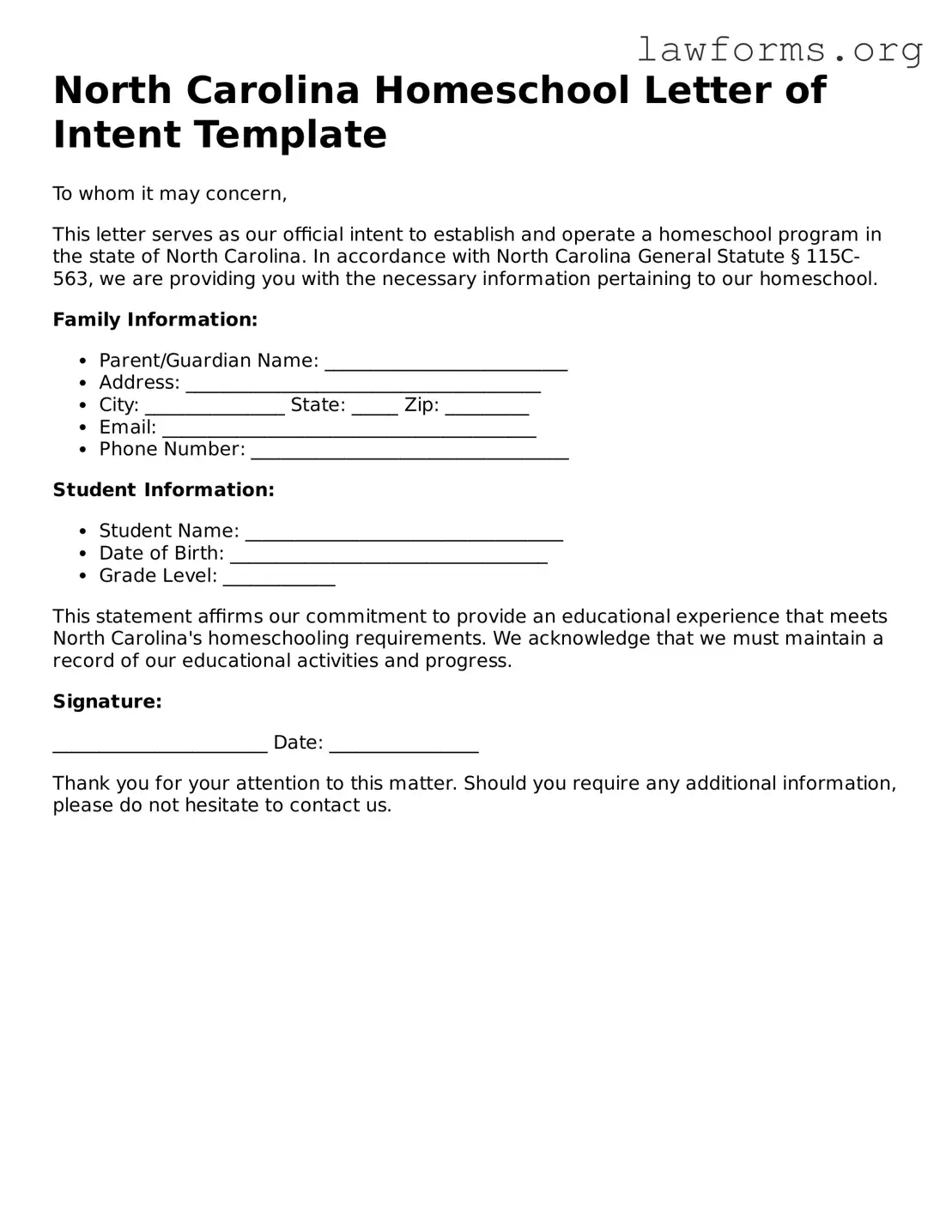 Attorney-Approved Homeschool Letter of Intent Template for the State of North Carolina