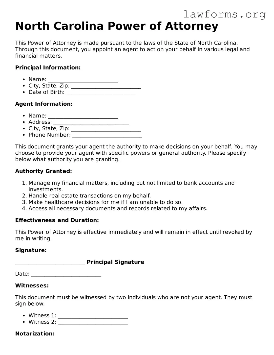 Attorney-Approved Power of Attorney Template for the State of North Carolina