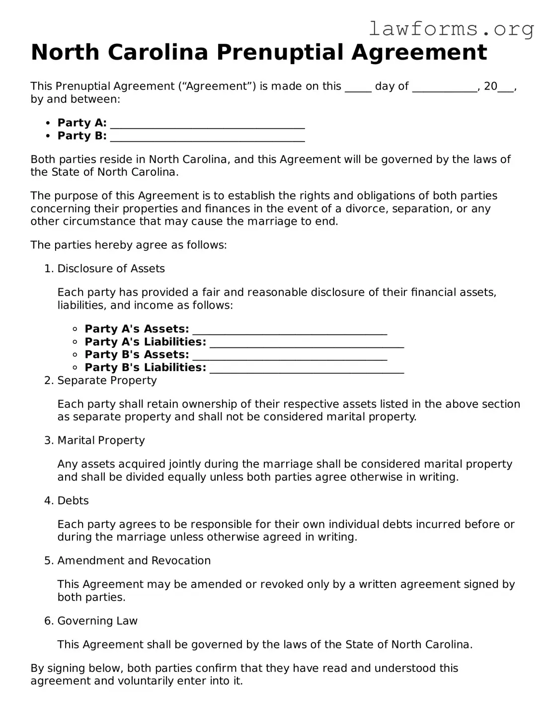 Attorney-Approved Prenuptial Agreement Template for the State of North Carolina