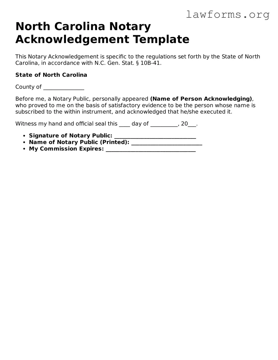 Attorney-Approved Notary Acknowledgement Template for the State of North Carolina