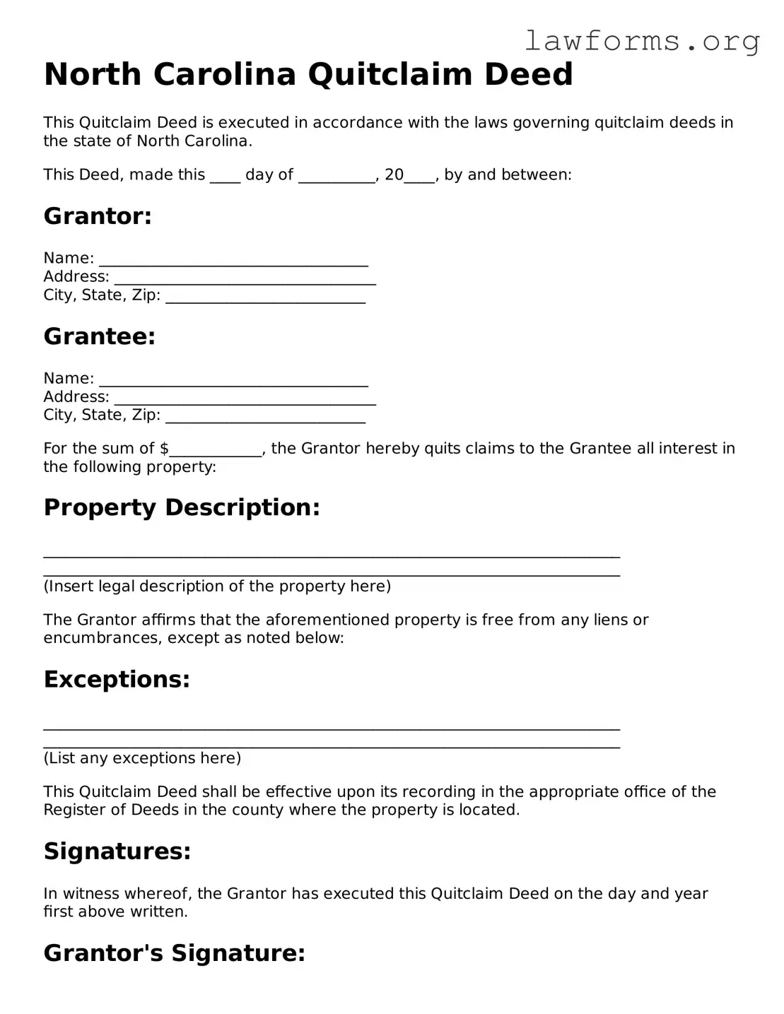 Attorney-Approved Quitclaim Deed Template for the State of North Carolina