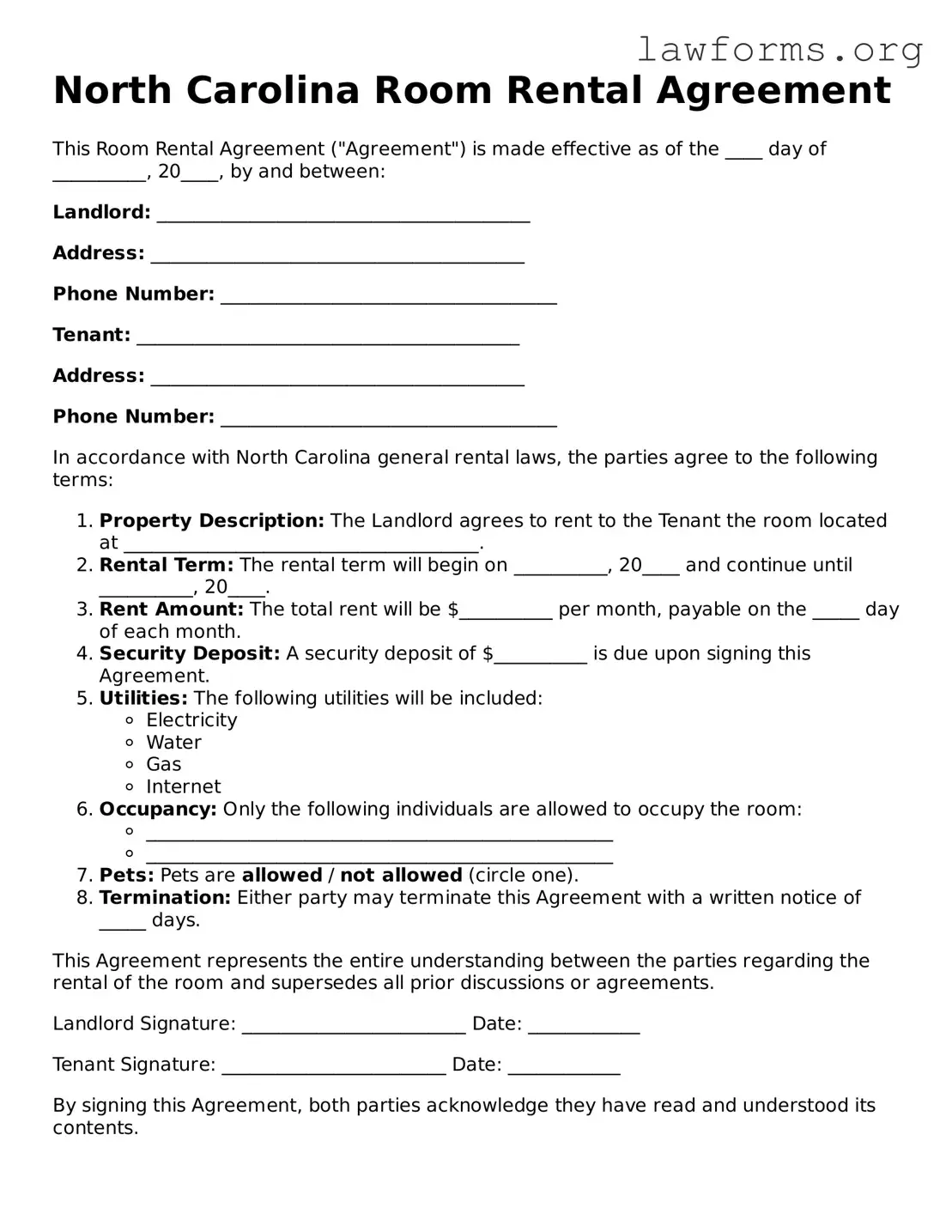 Attorney-Approved Room Rental Agreement Template for the State of North Carolina