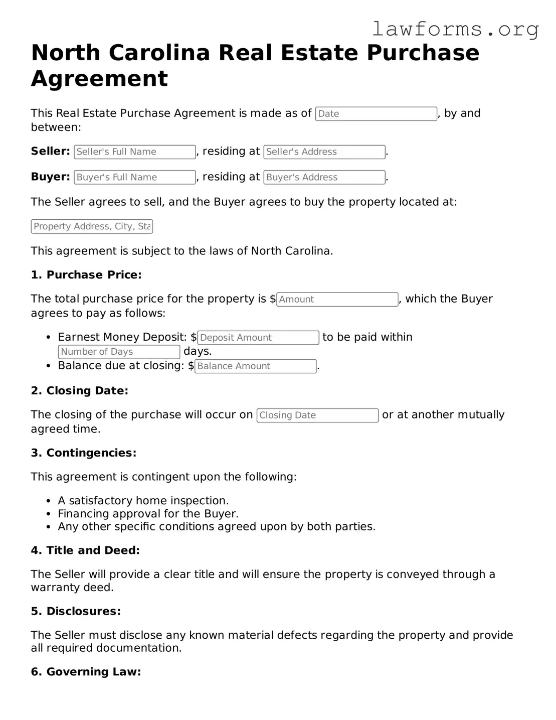 Attorney-Approved Real Estate Purchase Agreement Template for the State of North Carolina