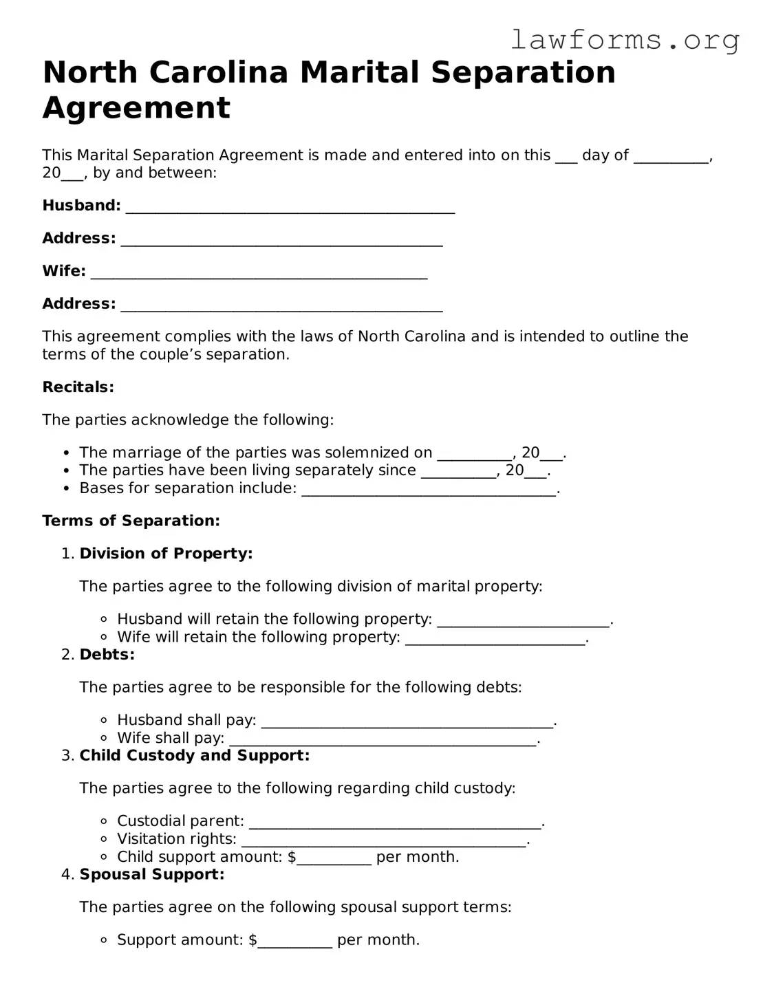 Attorney-Approved Marital Separation Agreement Template for the State of North Carolina