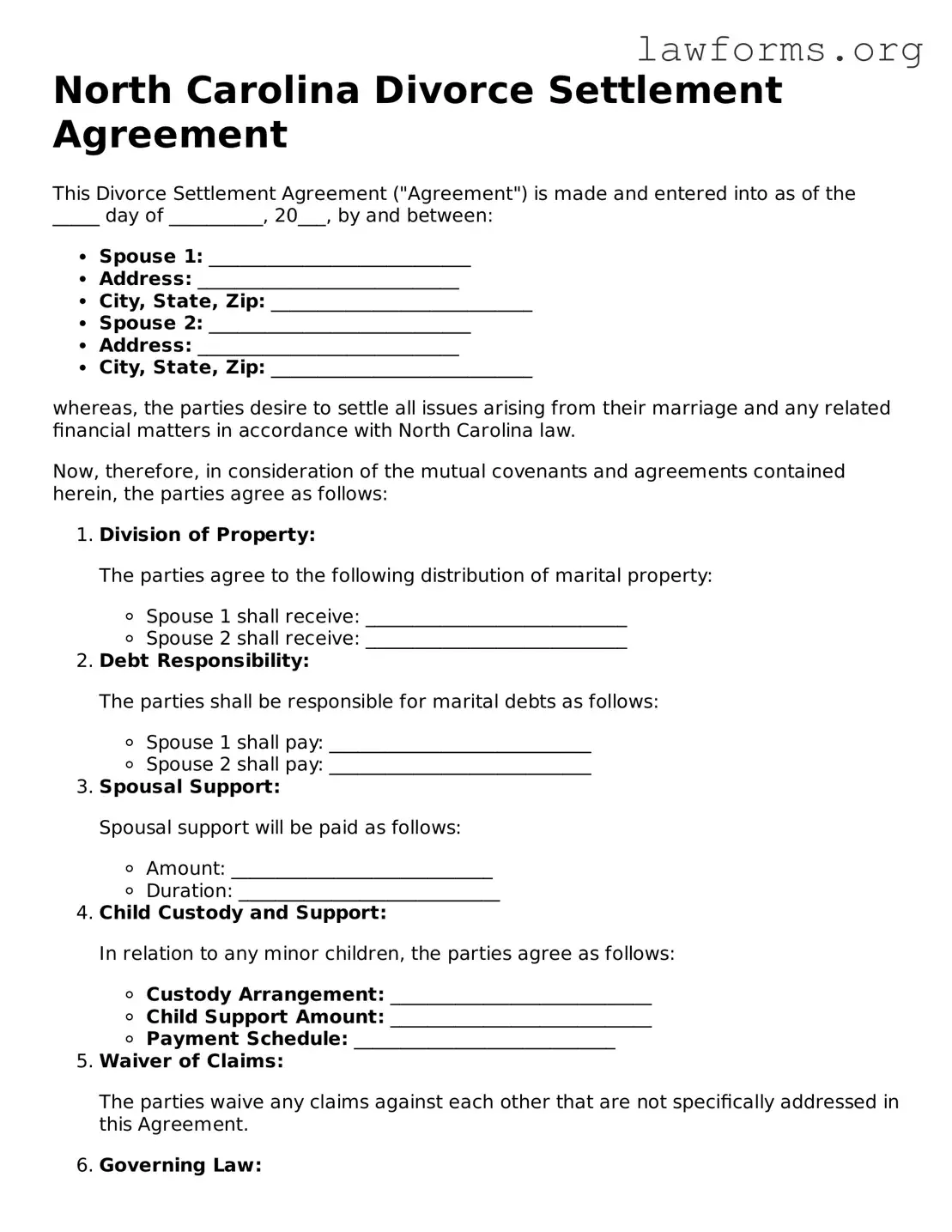Attorney-Approved Divorce Settlement Agreement Template for the State of North Carolina