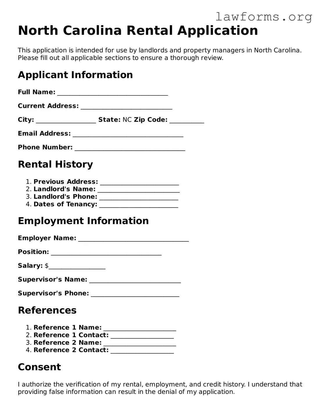 Attorney-Approved Rental Application Template for the State of North Carolina