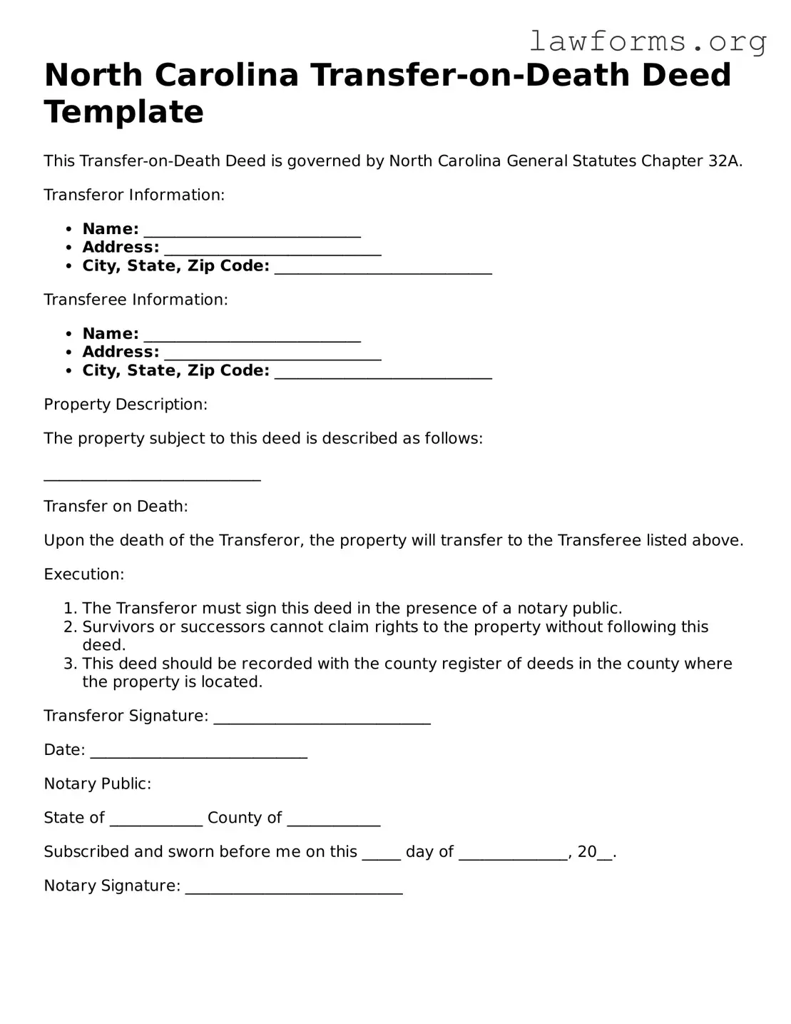 Attorney-Approved Transfer-on-Death Deed Template for the State of North Carolina