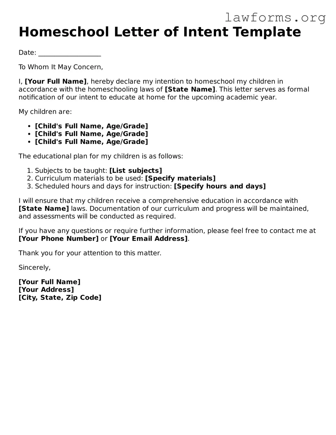 Valid Homeschool Letter of Intent Form