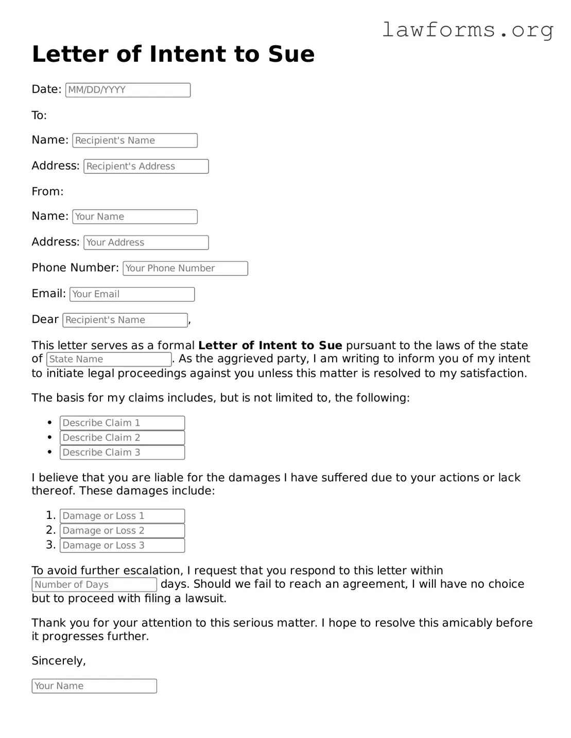 Valid Letter of Intent to Sue Form