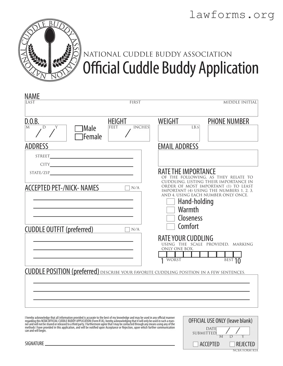 Fill Out a Valid Cuddle Buddy Application Template