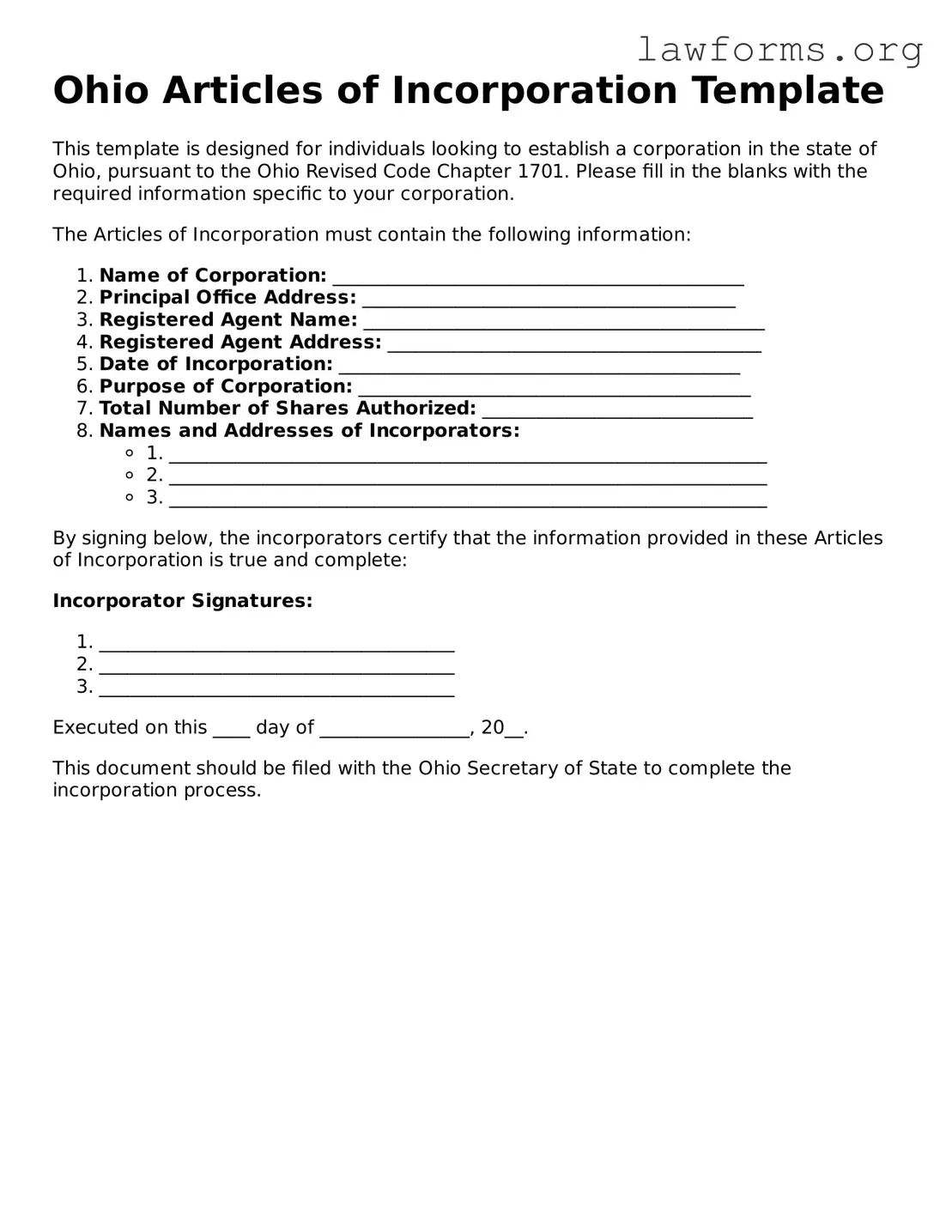 Attorney-Approved Articles of Incorporation Template for the State of Ohio