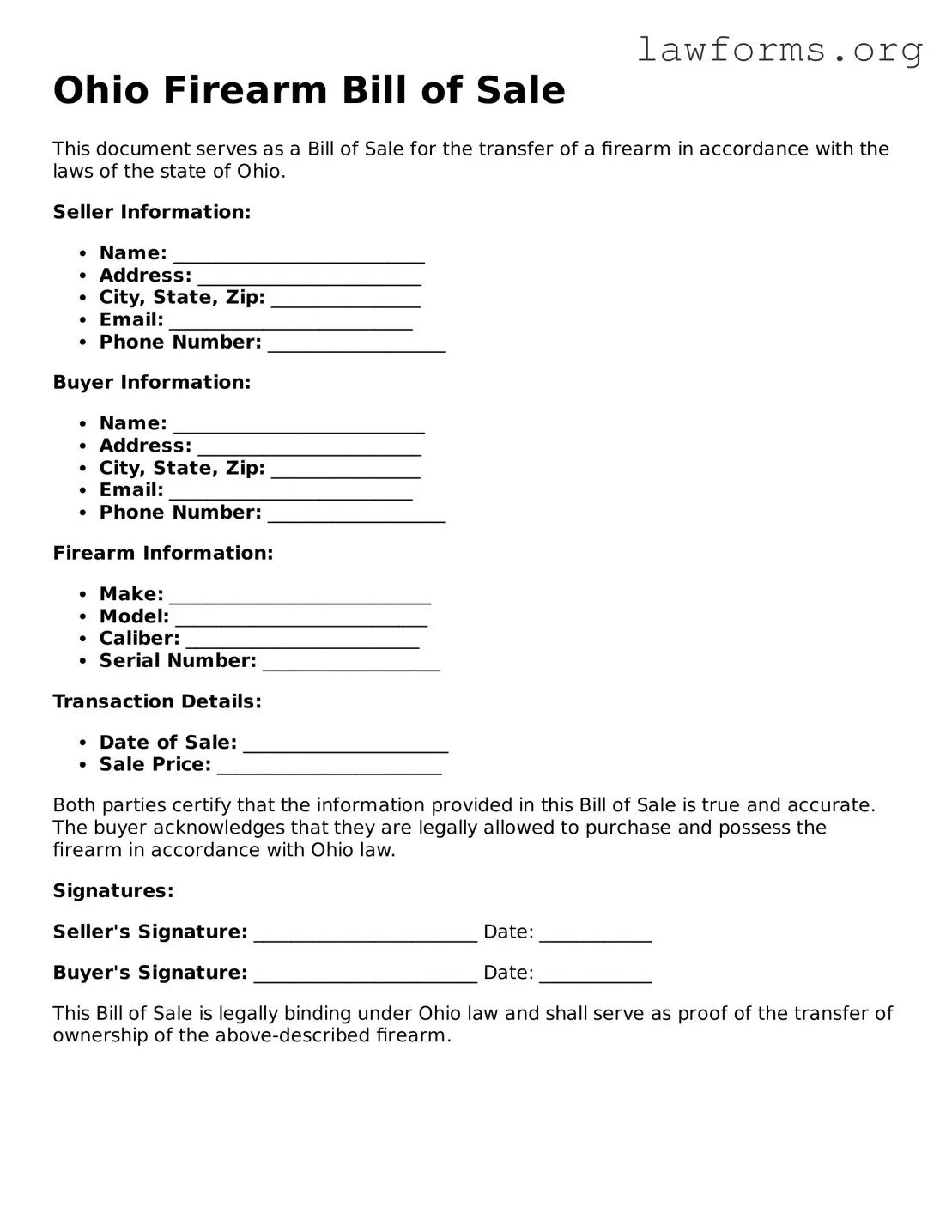 Attorney-Approved Firearm Bill of Sale Template for the State of Ohio