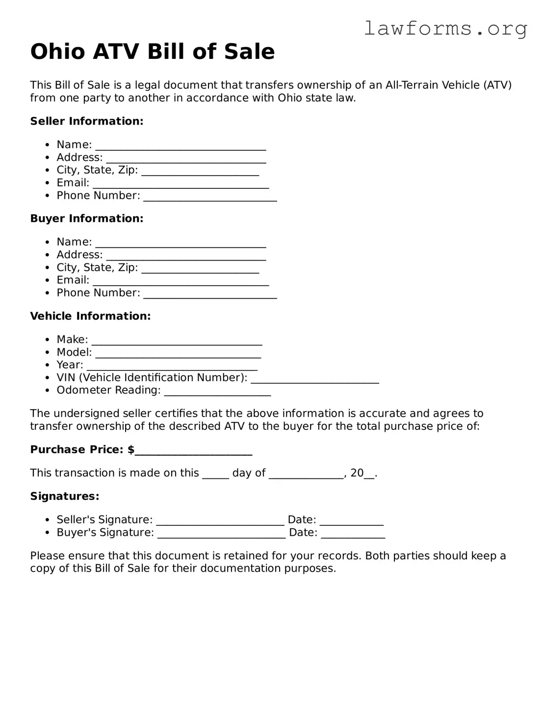 Attorney-Approved ATV Bill of Sale Template for the State of Ohio