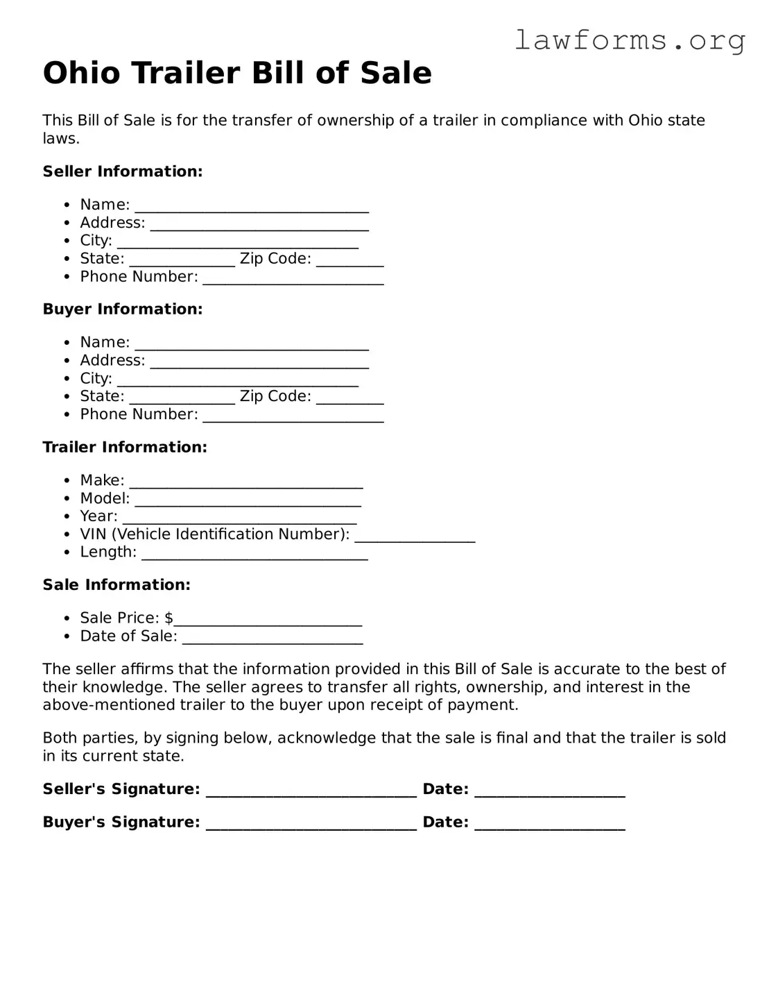 Attorney-Approved Trailer Bill of Sale Template for the State of Ohio