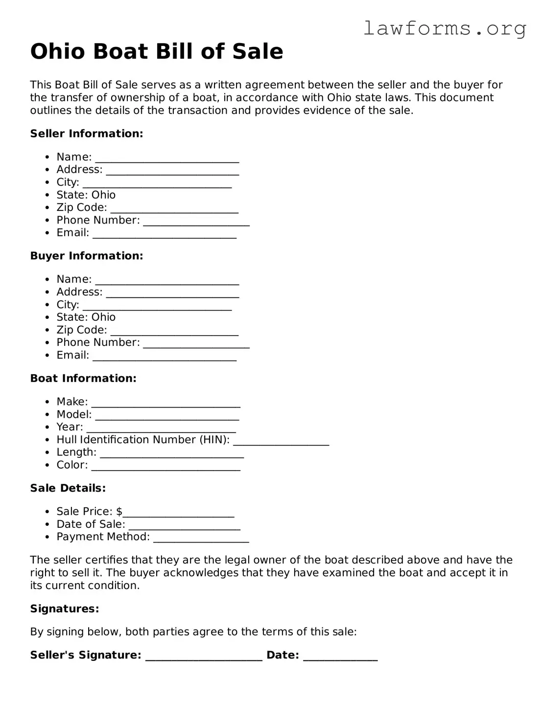 Attorney-Approved Boat Bill of Sale Template for the State of Ohio
