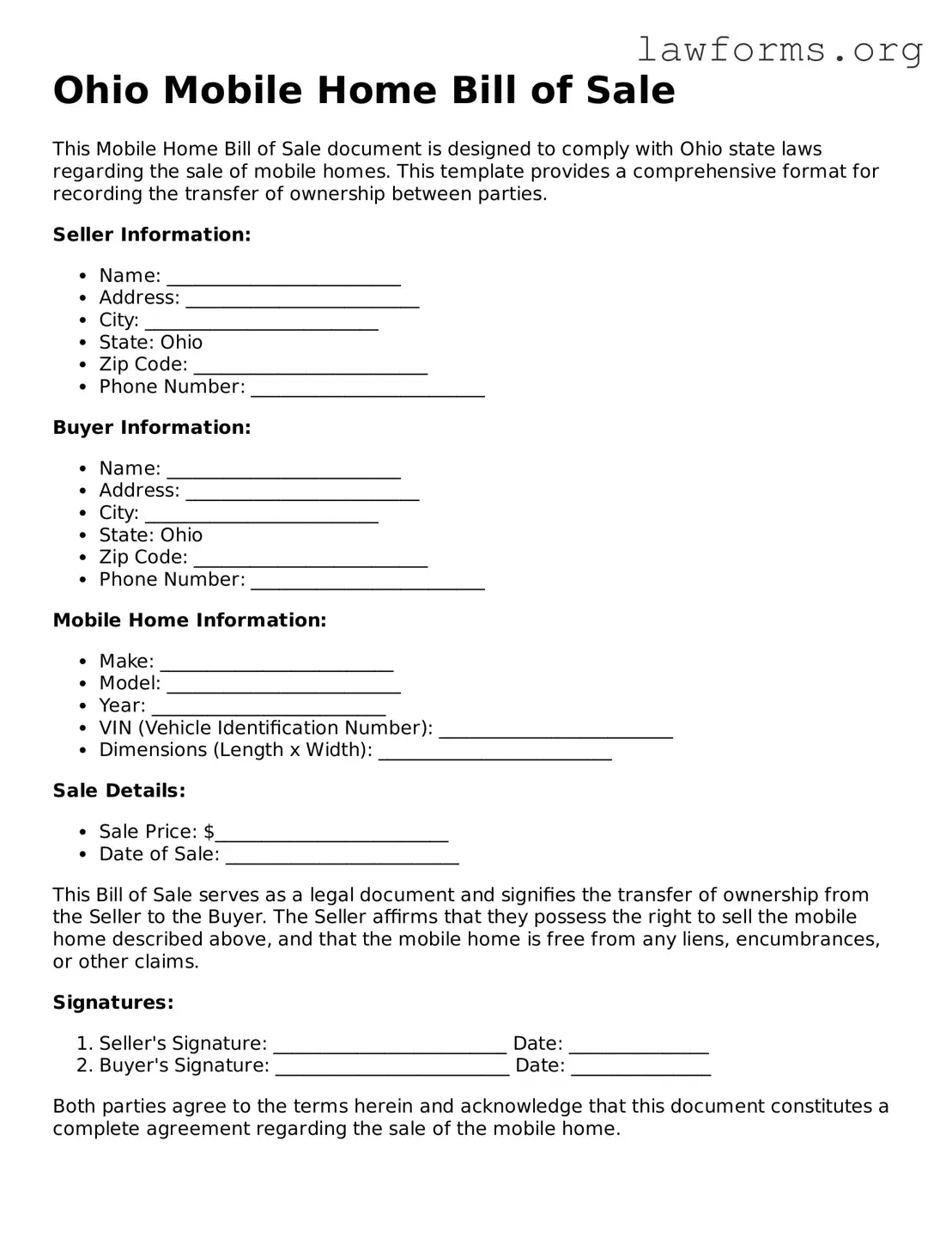 Attorney-Approved Mobile Home Bill of Sale Template for the State of Ohio