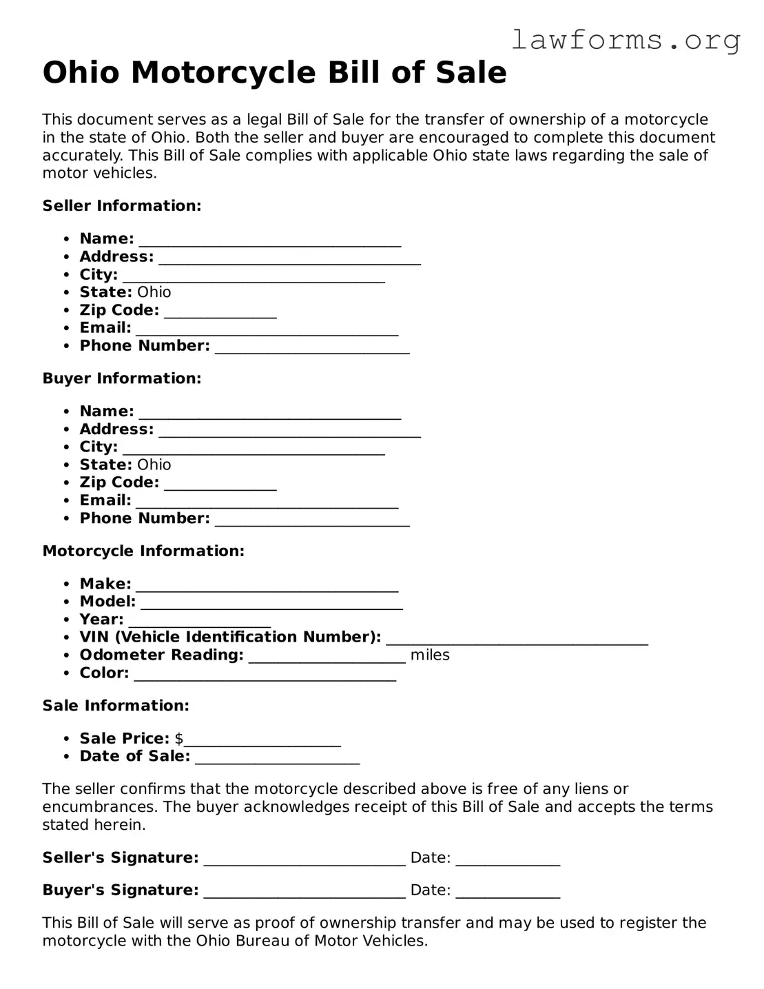 Attorney-Approved Motorcycle Bill of Sale Template for the State of Ohio