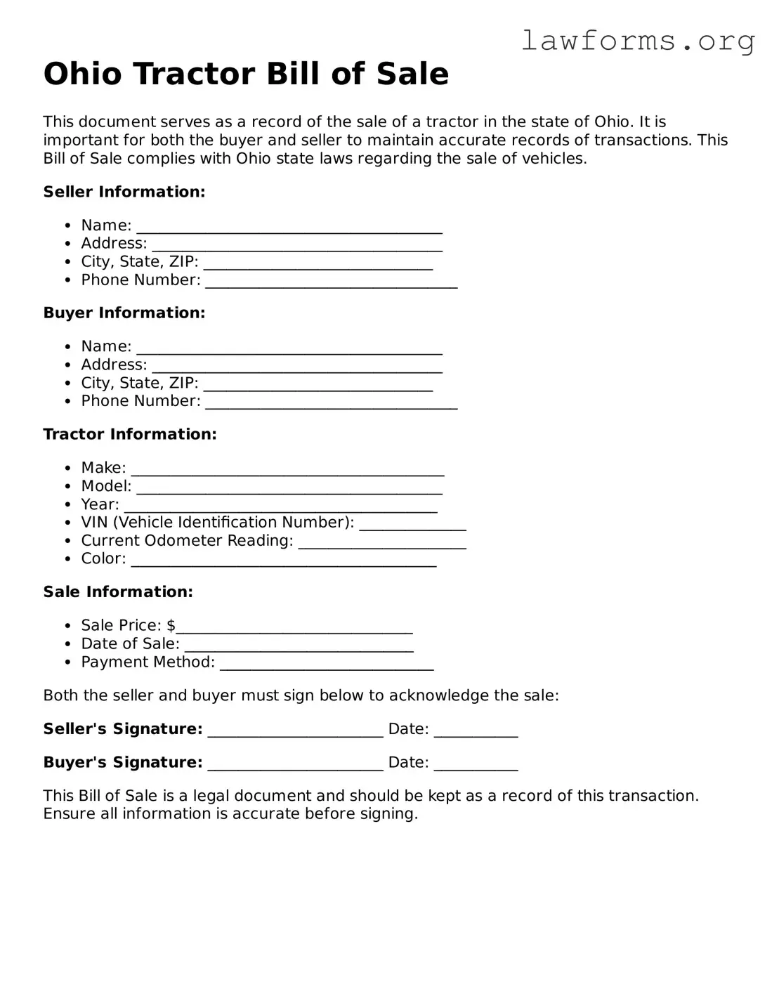 Attorney-Approved Tractor Bill of Sale Template for the State of Ohio